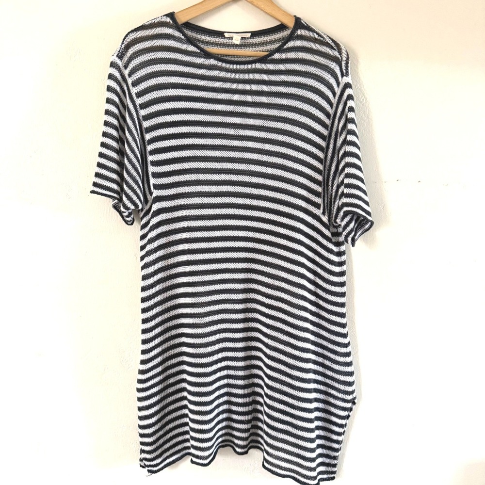 Eileen Fisher 100% Organic Linen Knitted Striped Dress Black White Size Medium